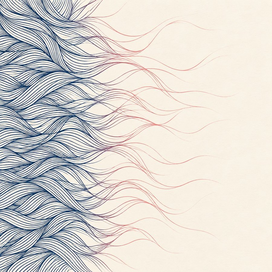 Abstract illustration of densely woven navy fibers loosening and separating into coral strands, representing connective tissue changing as estrogen declines