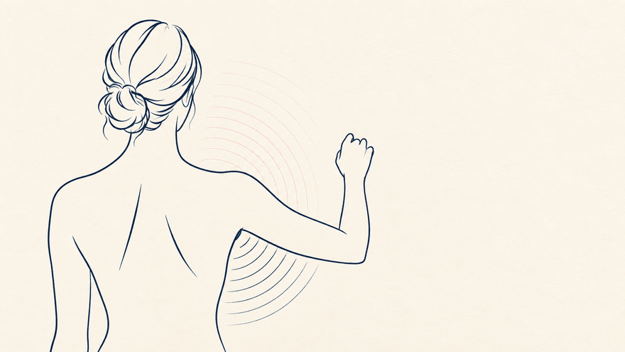 Illustration of a woman's shoulder seen from behind, with coral arcs radiating from the joint in a slow pulse