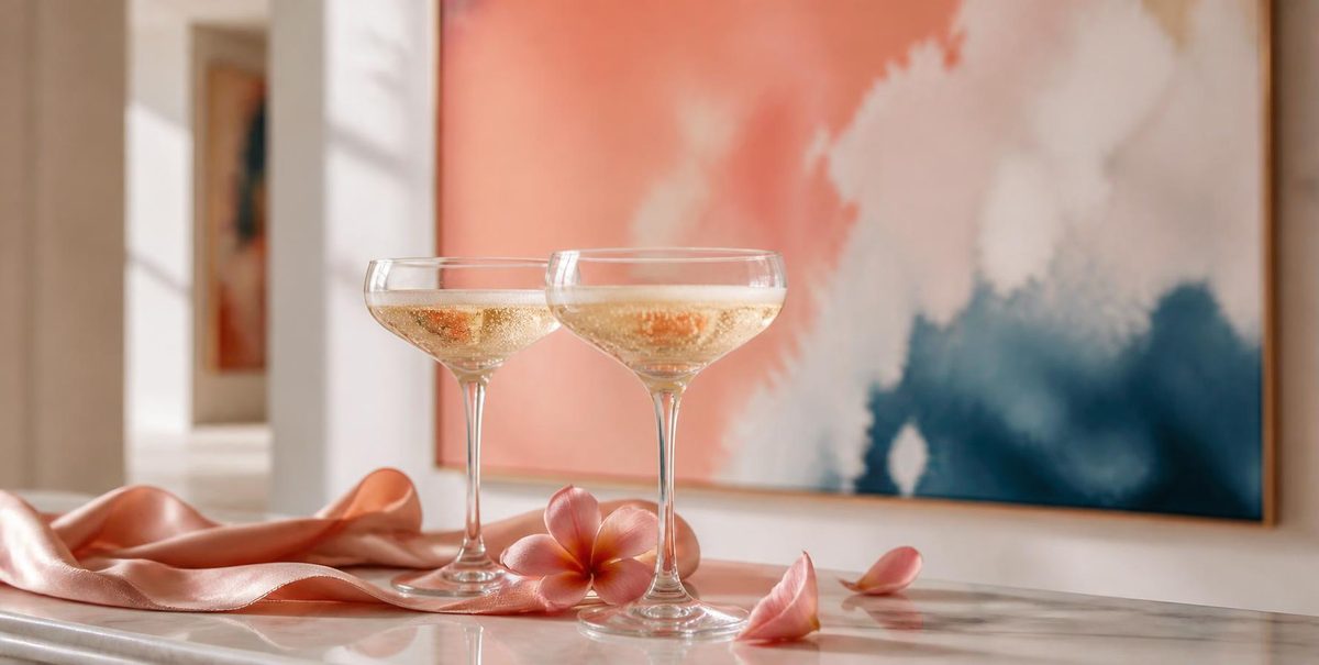 Two champagne coupes on a marble ledge in an art gallery