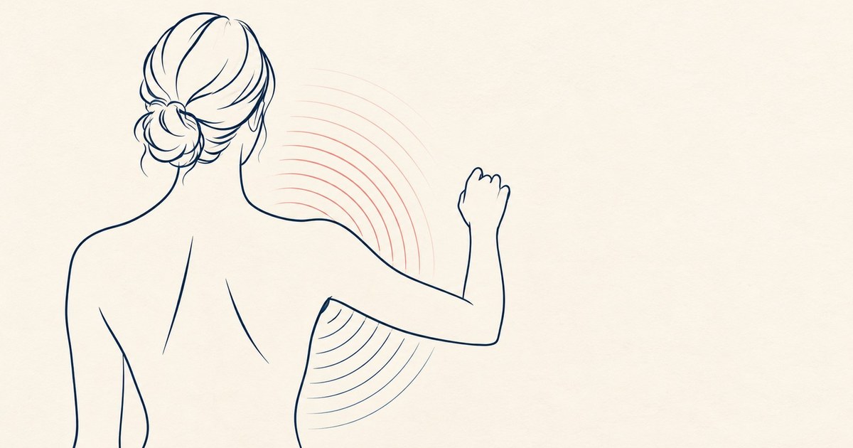 Line illustration of a woman seen from behind with one arm raised, coral arcs radiating from her shoulder joint &mdash; Wahine Health, Wailea Maui